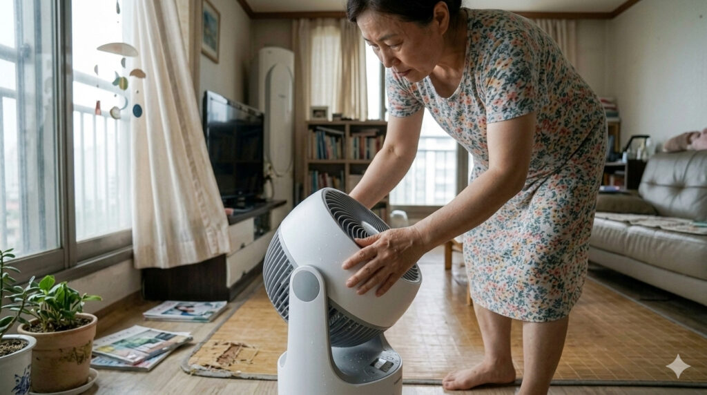 장마철 에어컨과 서큘레이터로 실내 공기를 순환시키는 모습