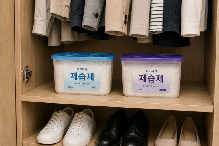 옷장과 신발장에 제습제를 배치해 습기를 관리하는 모습