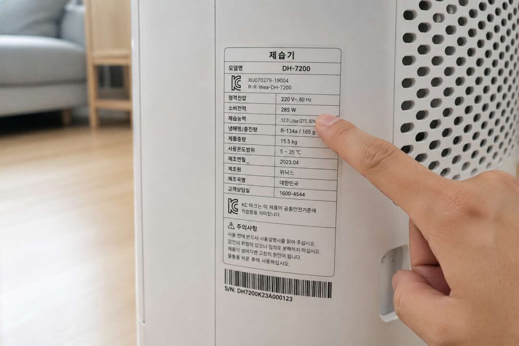 제습기 소비전력을 확인하는 모습