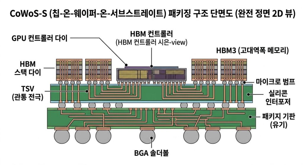 GPU와 HBM 메모리가 CoWoS 기술로 연결된 모습