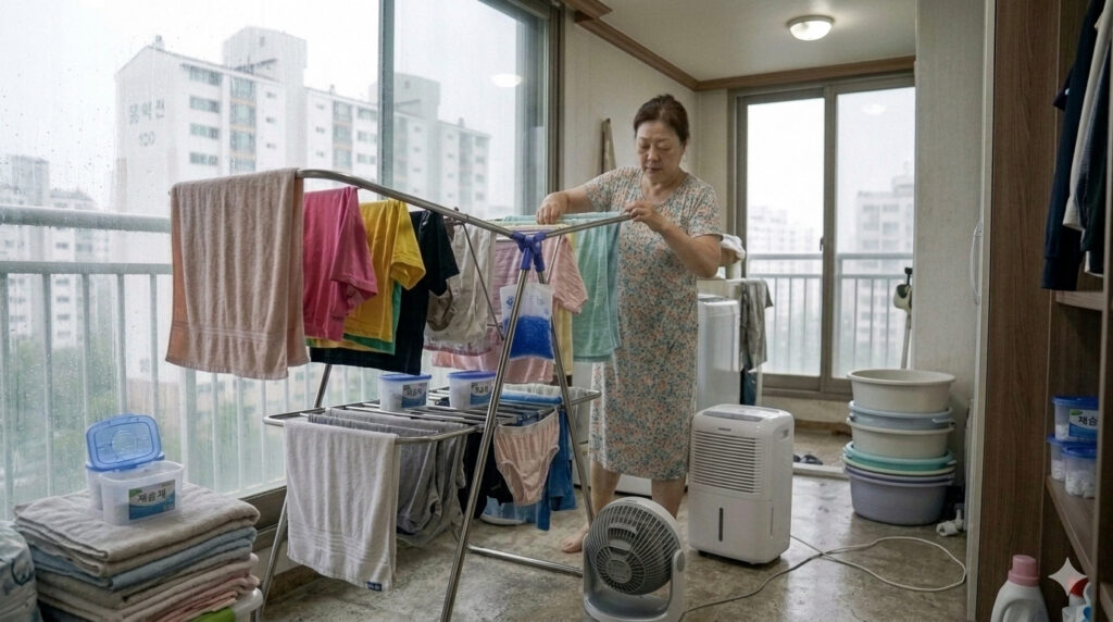 장마철 실내 빨래 옆에서 제습기와 서큘레이터를 사용하는 모습