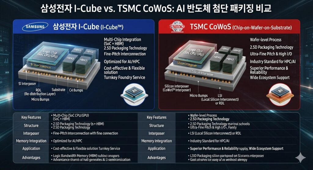 삼성전자 I-Cube와 TSMC CoWoS AI 반도체 첨단 패키징 비교 이미지