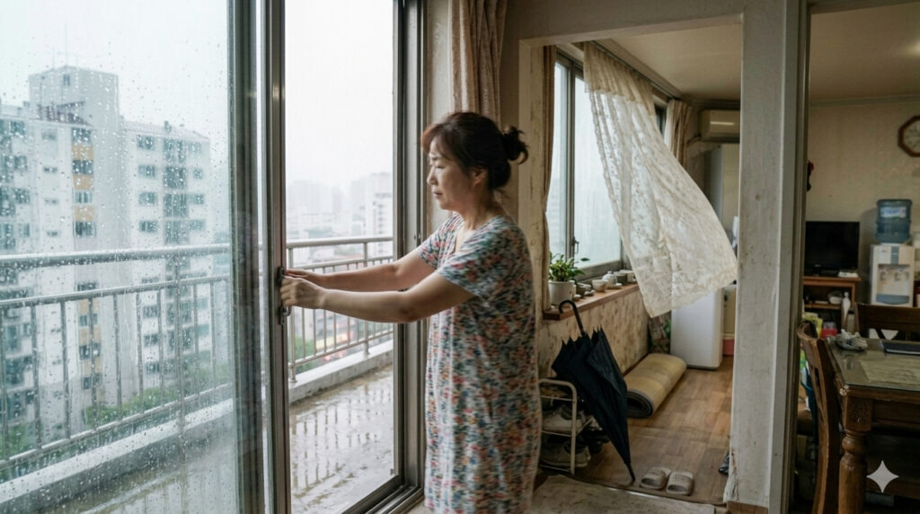 비가 그친 장마철 아파트에서 맞바람 환기를 하는 모습