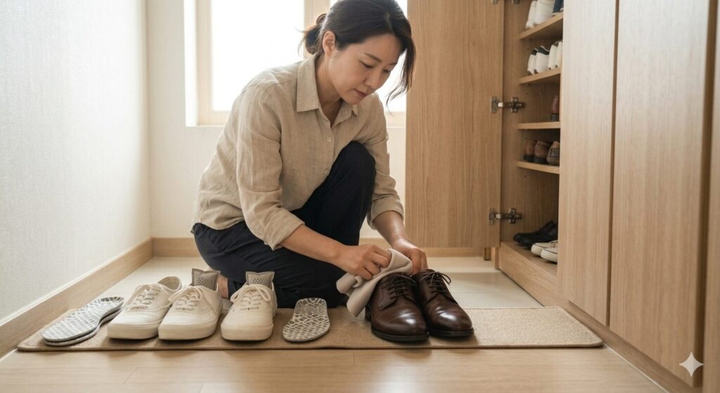 장마철 운동화와 가죽 구두를
관리하는 모습