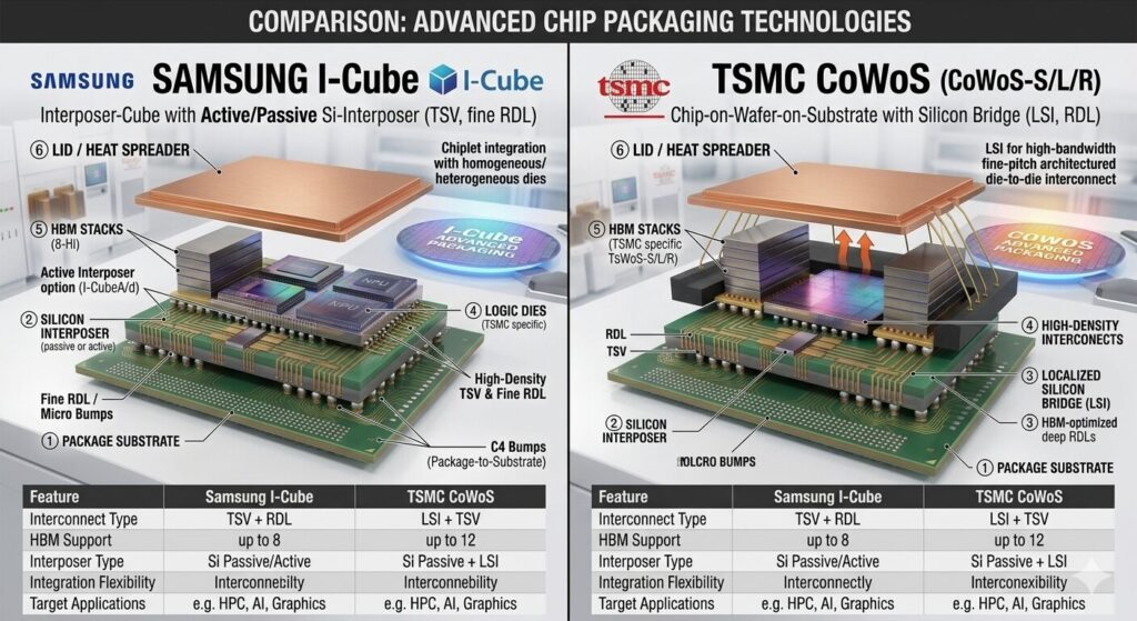 삼성전자 I-Cube와 TSMC CoWoS 첨단 패키징 기술 비교